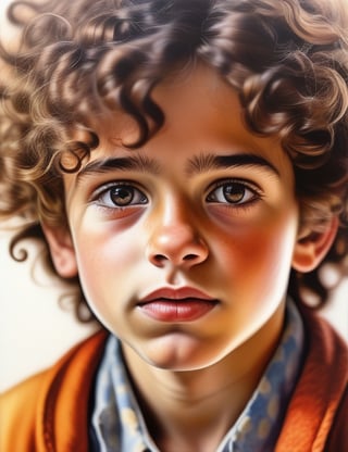 "Create a harmonious watercolor canvas artwork, portraying a 13-year-old Portuguese boy. Draw inspiration from artists like José Malhoa, Paula Rego, and Silva Porto. Use a subtle and natural color palette to capture the nuances of his white skin tone and the texture of his tightly knit, curly hair in a close-up view of his face. Convey an intimate and expressive atmosphere through the delicate application of watercolors."

,realistic,oil paint