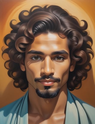 "Craft a serene canvas artwork using a brush and calming colors, portraying a 30-year-old Brazilian man. Employ soft brushstrokes and a tranquil color palette inspired by artists like Candido Portinari, Tarsila do Amaral, and John Singer Sargent. Capture the natural elegance of his caramel skin tone, and the full, curly, and wavy texture of his hair in a close-up view of his face. Convey a sense of tranquility and the beauty of Brazilian heritage through the gentle application of colors."

