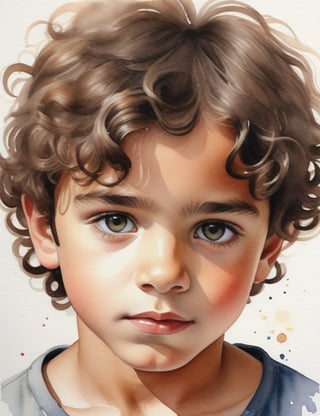 "Create a harmonious watercolor canvas artwork, portraying a 13-year-old Portuguese boy. Draw inspiration from artists like José Malhoa, Paula Rego, and Silva Porto. Use a subtle and natural color palette to capture the nuances of his white skin tone and the texture of his tightly knit, curly hair in a close-up view of his face. Convey an intimate and expressive atmosphere through the delicate application of watercolors."

,realistic