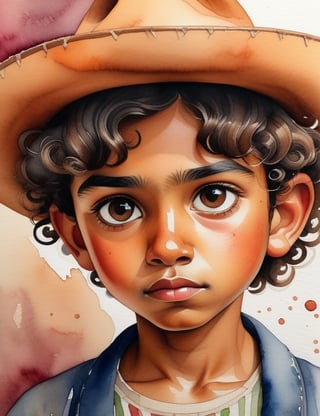 "Craft a masterful watercolor canvas artwork, portraying a 13-year-old Mexican boy. Channel the watercolor mastery inspired by artists like Diego Rivera, Frida Kahlo, and Rufino Tamayo. Use a warm and vibrant color palette to capture the essence of his caramelo skin tone and the full, curly texture of his hair in a close-up view of his face. Convey an intimate and expressive atmosphere through the skillful application of watercolors."

