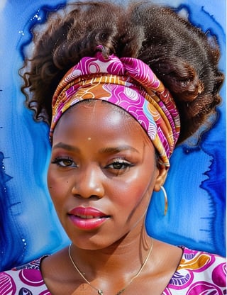 "Create a stunning watercolor canvas artwork, portraying a 25-year-old African woman. Draw inspiration from artists like Laolu Senbanjo, Toyin Ojih Odutola, and Eddy Kamuanga Ilunga. Use a vibrant and diverse color palette to celebrate the richness of her heritage, capturing the beauty of her tightly knit, curly hair in a close-up view of her face. Convey an intimate and expressive atmosphere through the dynamic application of watercolors."

