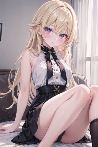 (masterpiece, best quality, highres:1.3), ultra resolution image, (1girl), (solo), female, blondehair, pale skin, realistic, medium_breasts, black stockings, black star in each eye, long hair, sfw,