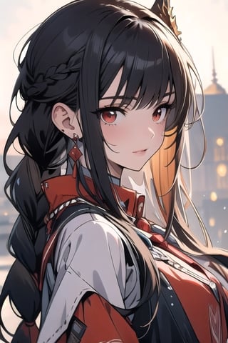 (masterpiece, best quality), (detailed), girl, red eyes, long hair, midjourney portrait, long pony tail, bangs, single_braid, slender, black hair,