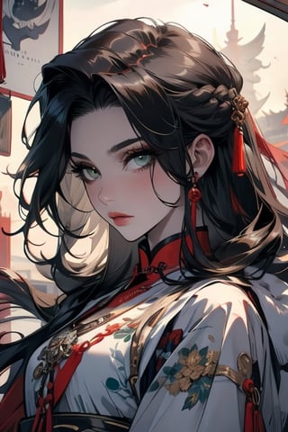 ((best quality)), ((masterpiece)), (detailed), female, slender, chinese, black hair, pale skin, green_eyes, straight_hair, beautiful, regal, chinese_clothes,  graceful,midjourney portrait
