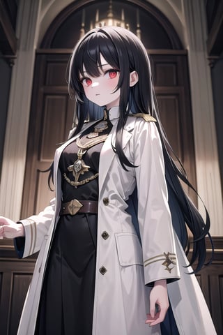 (masterpiece, best quality, highres:1.3), ultra resolution image, (1girl), (solo), female, medieval, long black hair, red eyes, sharp eyes, pale flawless skin, medieval, royalty, general, slender female, long white coat, dignitary uniform, 