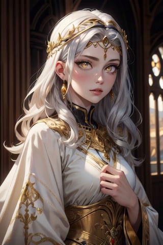 ((masterpiece)), ((ultra detailed)), (ultra quality), (very_high_resolution), realistic, scenery, pale skin, circlet, jewelery, bangs, straigh curly hair, long_silver_hair, medieval style, ornate clothing, hair_accessories, golden yellow eyes, bright_pupils,