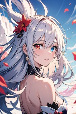 (masterpiece, best quality), (detailed), female, slender, petals, long_hair, midjourney, heterochromia, beautiful, long dual toned hair set in perfect princess curls, honkai_impact_3rd,