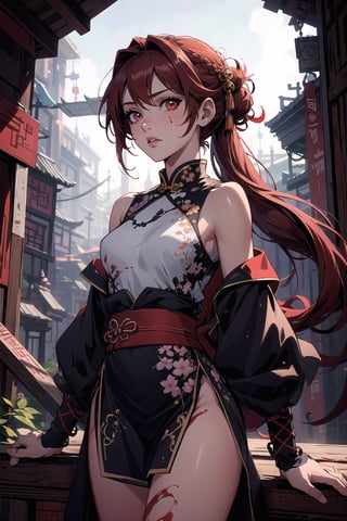 (masterpiece, best quality), (detailed), female, blood red eyes, shoulder length hair, anime girl, calm, slim, dark red hair, petite, Chinese style