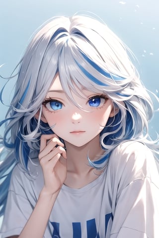 (masterpiece, best quality), (detailed), pale skin, white hair with blue streaks, female, slender, petite, modern, ((blue eyes, heterochromia)), t-shirt, college, long hair, streaked hair,