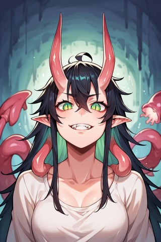 score_9, score_8_up, score_7_up, score_6_up, BREAK source_anime, female, petite, demon_girl, horns, tail, pale skin, black hair, long messy hair, fanged teeth, slit pupils, green eyes, stunning, multicolor_hair, daemonette, pink skin, jellyfish hair, Anime, clothed_partially