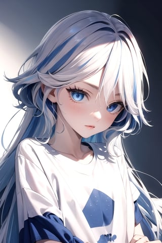 (masterpiece, best quality), (detailed), pale skin, white hair with blue streaks, female, slender, petite, modern, ((blue eyes, bi-colored_eyes)), t-shirt, college, heterochromia, long hair, streaked hair,