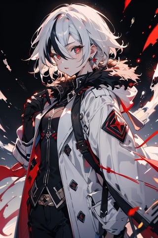 ((best quality)), ((masterpiece)), ((detailed)), female, long_hair, beautiful,  pale, regal, slender, petite, black gloves, hair between eyes, x-shaped pupils, streaked hair, short hair, blood magic, jewelry, red pupils, fur-trimmed coat, white coat,