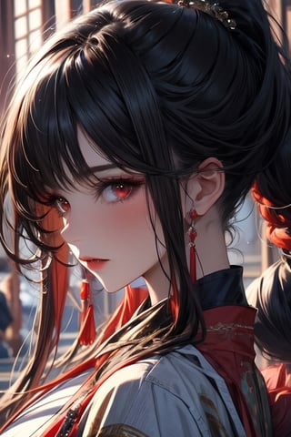 (masterpiece, best quality), (detailed), girl, red eyes, long hair, long tail of hair, midjourney portrait, low pony tail, hanfu, tessel, bangs, long sleeves, single pony tail,