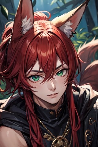 ((best quality)), ((masterpiece)), (detailed), male, 1_boy, sharp eyes, fox ears, sly, fox, red hair, modern clothing, green eyes,