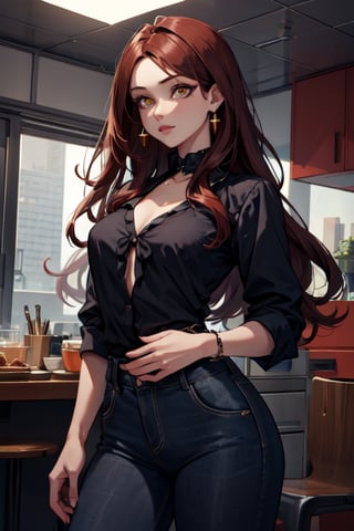 (masterpiece, best quality, highres:1.3), ultra resolution image, female, petitie, dark auburn hair, long hair, pretty, slender, modern, amber eyes,  jewelery, modern day clothing, blouse, pants, 