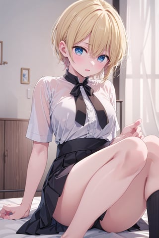 (masterpiece, best quality, highres:1.3), ultra resolution image, (1girl), (solo), female, blondehair, pale skin, realistic, medium_breasts, black stockings, hoshino_aquamarine