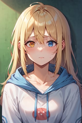 score_9, score_8_up, score_7_up, score_6_up, BREAK source_anime, female, seldner , shy girl, long blonde hair, pretty, nerdy, heterochromia, blue and amber eyes, baggy clothing, make-up, hourglass_figure, masterpiece, best quality, aesthetic, hoodie,Anime 