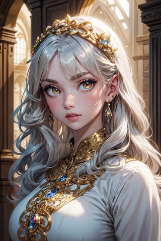 ((masterpiece)), ((ultra detailed)), (ultra quality), (very_high_resolution), realistic, scenery, pale skin, circlet, jewelery, bangs, straigh curly hair, long_silver_hair, medieval style, ornate clothing, hair_accessories, golden yellow eyes, bright_pupils, big eyes,Detailedface,More Detail