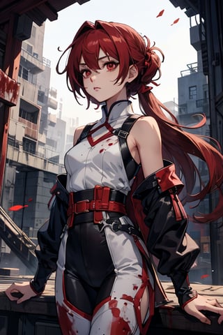 (masterpiece, best quality), (detailed), female, blood red eyes, shoulder length hair, anime girl, calm, slim, dark red hair, petite, pants,