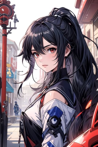 (masterpiece, best quality), (detailed), girl, red eyes, long hair, midjourney portrait, long pony tail, bangs, single_braid, slender, black hair, slim, ,fu hua