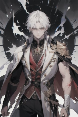 (masterpiece, best quality, highres:1.3), ultra resolution image, (1guy), (solo), male, scarred, magic, handsome, handsome, powerful figure, white hair, shoulder length hair,1guy, scarred face, clawed face, scars,