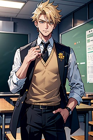 (masterpiece, best quality), (detailed), male, student, academia, student council president, short messy blonde hair, slender, sharp grey eyes, tall, school_uniform, white shirt, yellow sweater vest, black tie, black blazer, black trousers,