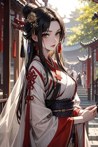 ((best quality)), ((masterpiece)), (detailed), female, slender, chinese, black hair, pale skin, green_eyes, straight_hair, beautiful, regal, chinese_clothes,  graceful,midjourney portrait, hanfu,