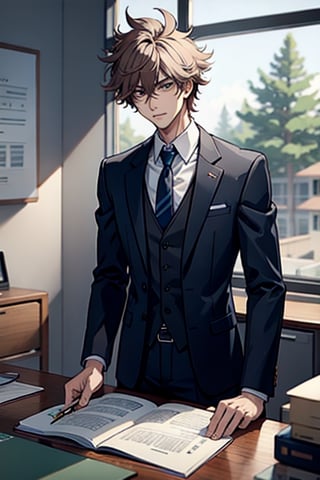 (masterpiece, best quality), (detailed), male, student council president, student, messy hair, slender,