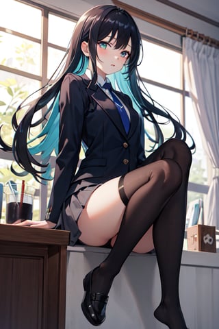 (masterpiece, best quality, highres:1.3), ultra resolution image, (1girl), (solo), female, black hair, black stockings, pale skin, cyan eyes, large eyes, school_girl, Black blazer, grey skirt, black stockings , blue neck tie , white  shirt , black flats, japanese,