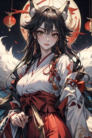 ((best quality)), ((masterpiece)), (detailed), female, slender, black hair, pale skin, green_eyes, straight_hair, beautiful, regal, graceful, japanese, traditional_japanese_clothes, utsukushi, kitsune, fox tails, kimono, ,fantasy00d,midjourney portrait,1girl