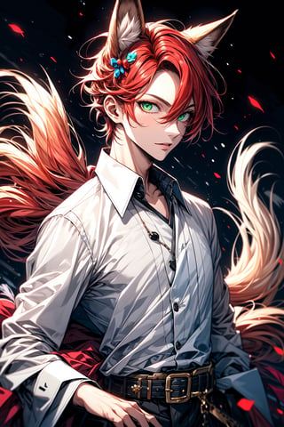 ((best quality)), ((masterpiece)), (detailed), male, sharp eyes, red fox ears, sly, fox, red hair, green eyes, fox tails, button shirt, red fox, japanese, scenery,midjourney,blacklight,neon