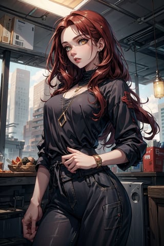 (masterpiece, best quality, highres:1.3), ultra resolution image, female, petite, dark red hair, long hair, pretty, slender, modern, amber eyes,  jewelery, modern day clothing, Detailedface