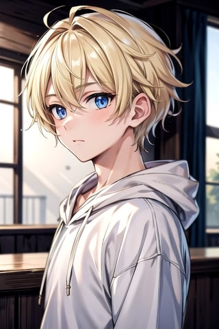 (masterpiece, best quality), (detailed), male, 1boy, shy, short hair, blonde hair, blue eyes, fluffy hair, hoodie