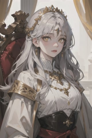 ((masterpiece)), ((ultra detailed)), (ultra quality), (very_high_resolution), realistic, scenery, pale skin, circlet, jewelery, bangs, straigh curly hair, long_silver_hair, medieval style, ornate clothing, hair_accessories, golden yellow eyes, bright_pupils,