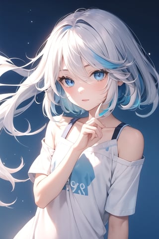 (masterpiece, best quality), (detailed), pale skin, white hair with blue streaks, female, slender, petite, modern, ((blue eyes, bi-colored_eyes)), t-shirt, college, heterochromia, long hair, tiny_breasts,