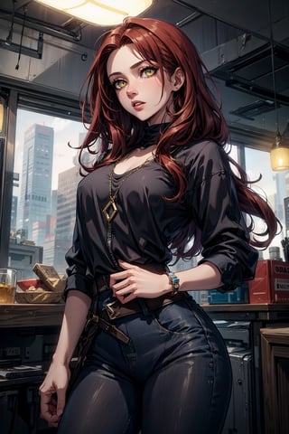 (masterpiece, best quality, highres:1.3), ultra resolution image, female, petite, dark red hair, long hair, pretty, slender, modern, amber eyes,  jewelery, modern day clothing, Detailedface