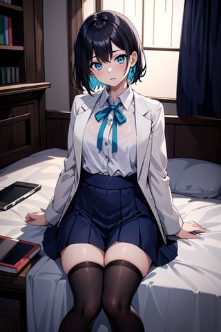 (masterpiece, best quality, highres:1.3), ultra resolution image, (1girl), (solo), female, short black hair, black stockings, pale skin, cyan blue eyes, large eyes, black blazer, black stockings , blue neck ribbon , japanese, petite, anime_screencap, school_uniform,