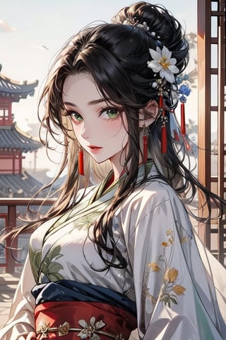 ((best quality)), ((masterpiece)), (detailed), female, slender, chinese, black hair, pale skin, green_eyes, straight_hair, beautiful, regal, chinese_clothes,  graceful,midjourney portrait, hanfu,ancient_beautiful,Detailedface