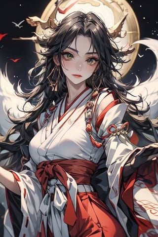 ((best quality)), ((masterpiece)), (detailed), female, slender, black hair, pale skin, green_eyes, straight_hair, beautiful, regal, graceful, japanese, traditional_japanese_clothes, utsukushi, kitsune, fox tails, kimono, ,fantasy00d,midjourney portrait,1girl