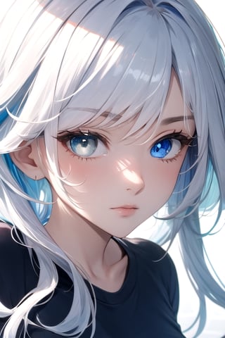 (masterpiece, best quality), (detailed), pale skin, white hair with blue streaks, female, slender, petite, modern, ((blue eyes, heterochromia)), t-shirt, 