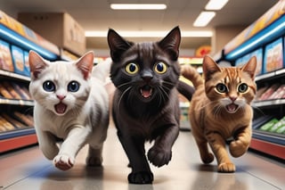 Cat: 2.744, mad, cap, big eyes, multiple cats, (skin) different faces, different colors, (facial expression) scared to death, (realistic) different poses, high resolution, running around , very naughty, carefully drawn with ultra-realistic symmetry, background: arcade, supermarket