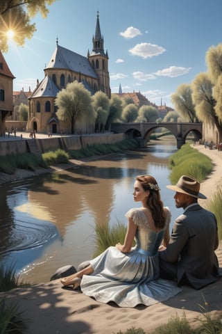 two peoples(Angelina Jolie:0.5 and Van Gogh:0.5) sitting by the Dom River and the river shines silvery white in the sun, breathtaking beauty, stunning intricate details, high definition, 8k rendering
