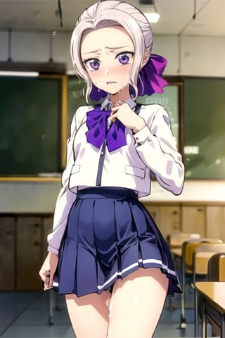 ((((masterpiece)))), high quality, full color, nsfw, Tachibana arisu, cum on pussy,  show nipple, cute nipple, rape, sex, 1girl, loli, 12 years old, kids, wearing schoolgirl uniform, background school classroom, skirt lift myself,haruka amami, background building, realhands, shirt lift myself,realhands, cry and angry,shino,purple eyes,hair ribbon, short hair