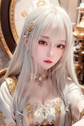 masterpiece, best quality, ultra-detailed, illustration, close-up, straight on, face focus, 1girl, white hair, golden eyes, long hair, halo, serene expression, looking at viewer