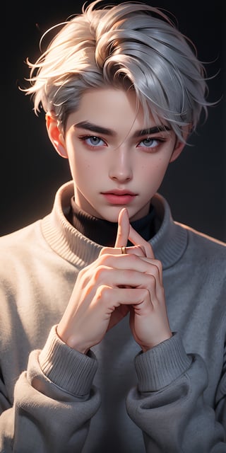1male, cold marble gray eyes, short silver messy hair, (black sweater:1.1), pastelgothAI, beautiful hands, perfect hands, , ( fg2h, fingergun:1.2),Color Booster