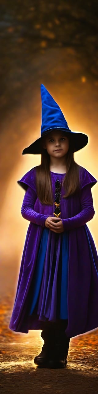 Prompt: 10 year old girl dressed up as sorcerer for Halloween, magical, mystical, (((full body visible))), looking at viewer, portrait, photography, realistic, photo-realistic, 8k, highly detailed, full length frame, High detail RAW color art, diffused soft lighting, shallow depth of field, sharp focus, hyperrealism, cinematic lighting