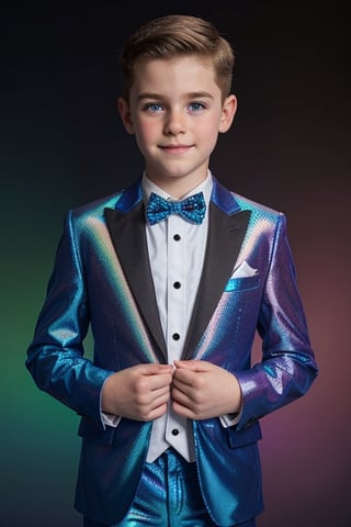 a young Irish American boy in a tuxedo with a chevron pattern, holographic!!!, shimmering and prismatic, holographic material, holographic, sparkly, holographic suit