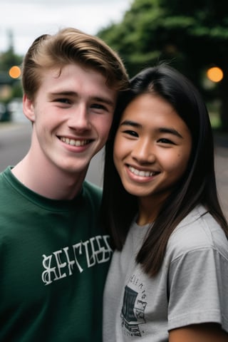 25 year old Irish American boy with brown hair wearing a t shirt, with his best friend who is a 24 year old Asian American girl wearing a skirt,