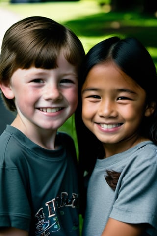 10 year old Irish American boy with brown hair wearing a t shirt, with his best friend who is a 9 year old Asian American girl wearing a skirt,