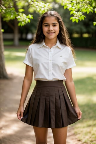 a 12 year old Latina girl, (((12yo))),  cute girl with dark brown hair, and expressive eyes,Full body, light brown eyes, her expression is happy, a natural elegance in her bearing. Rosa is a strong and determined girl, just like her mother. She is passionate and loving, but can also be stubborn and stubborn. She has a crush on her childhood friend named Zach. She dresses in clothing, (((shirt, skirt)), 1girl, full body, masterpiece, best quality, high resolution, 8K, HDR, bloom, raytracing, detailed shadows, bokeh, depth of field, film photography, film grain, glare, (wind:0.8), detailed hair, ultra detailed eyes, cinematic lighting, (hyperdetailed:1.15),